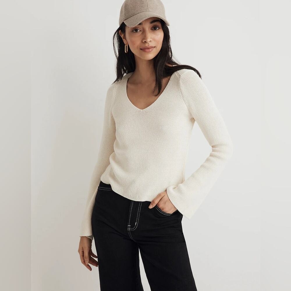 Madewell Antique Cream Flared-Sleeve V-Neck Sweater Size XS NO063